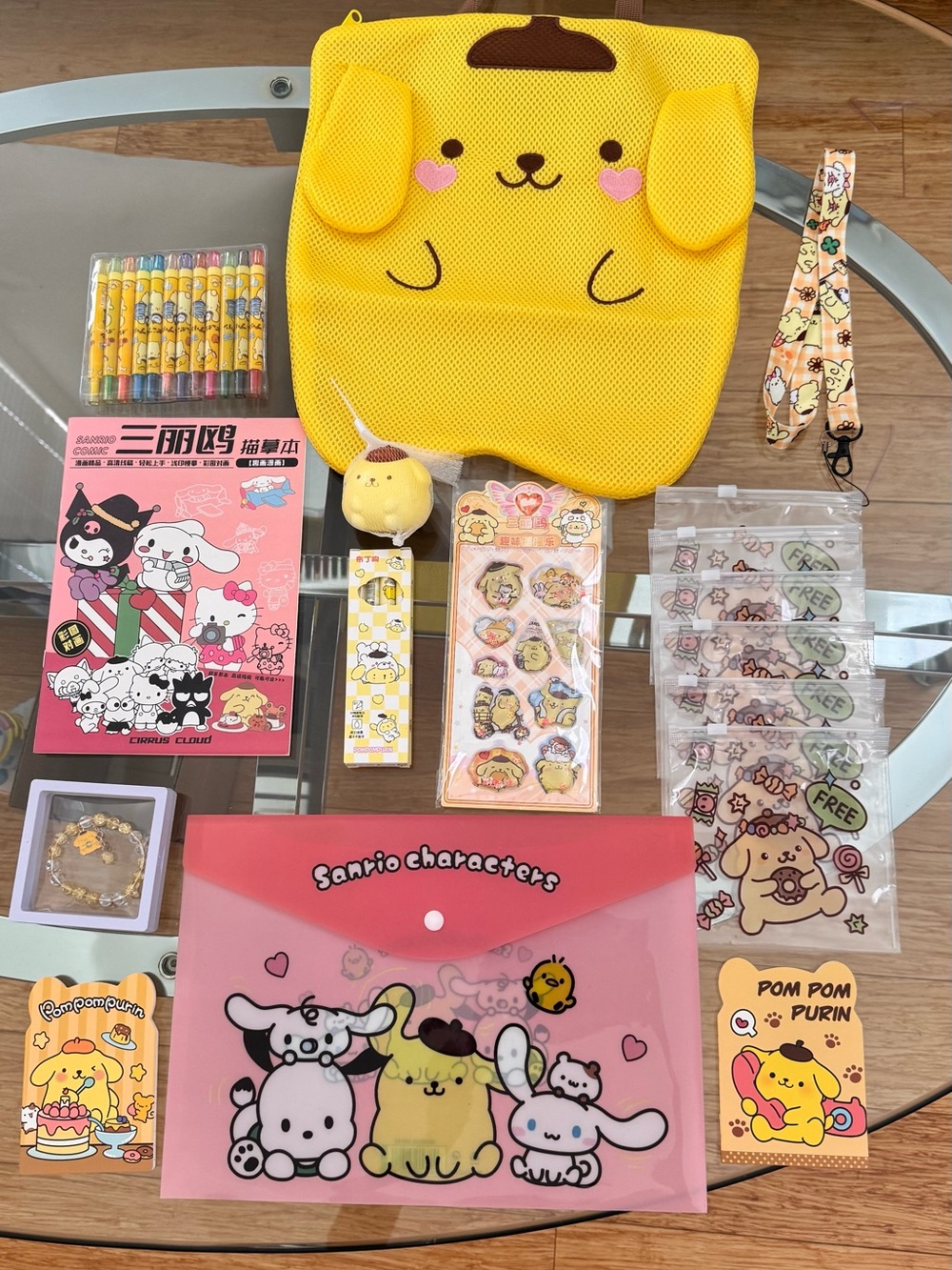 17 pieces Sanrio Yellow Pom Pom Purin Character laundry bag& Accessories Set